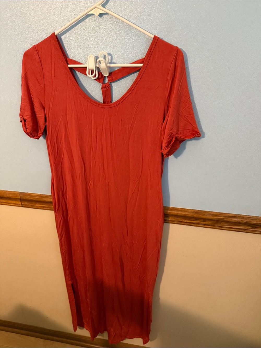 Easel Orange/Rust Short Sleeve Scoop Neck Dress With Pockets & Side Slits Small